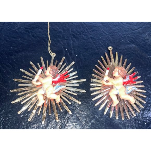 2 Vtg Cherub Angel Christmas Ornaments w/ Gold Rays Star Burst Red Wings Candle - Picture 4 of 5